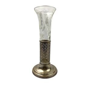 Antique Robert Wallace Sterling Silver & Cut Glass Bud Vase #C1492 Floral Etched